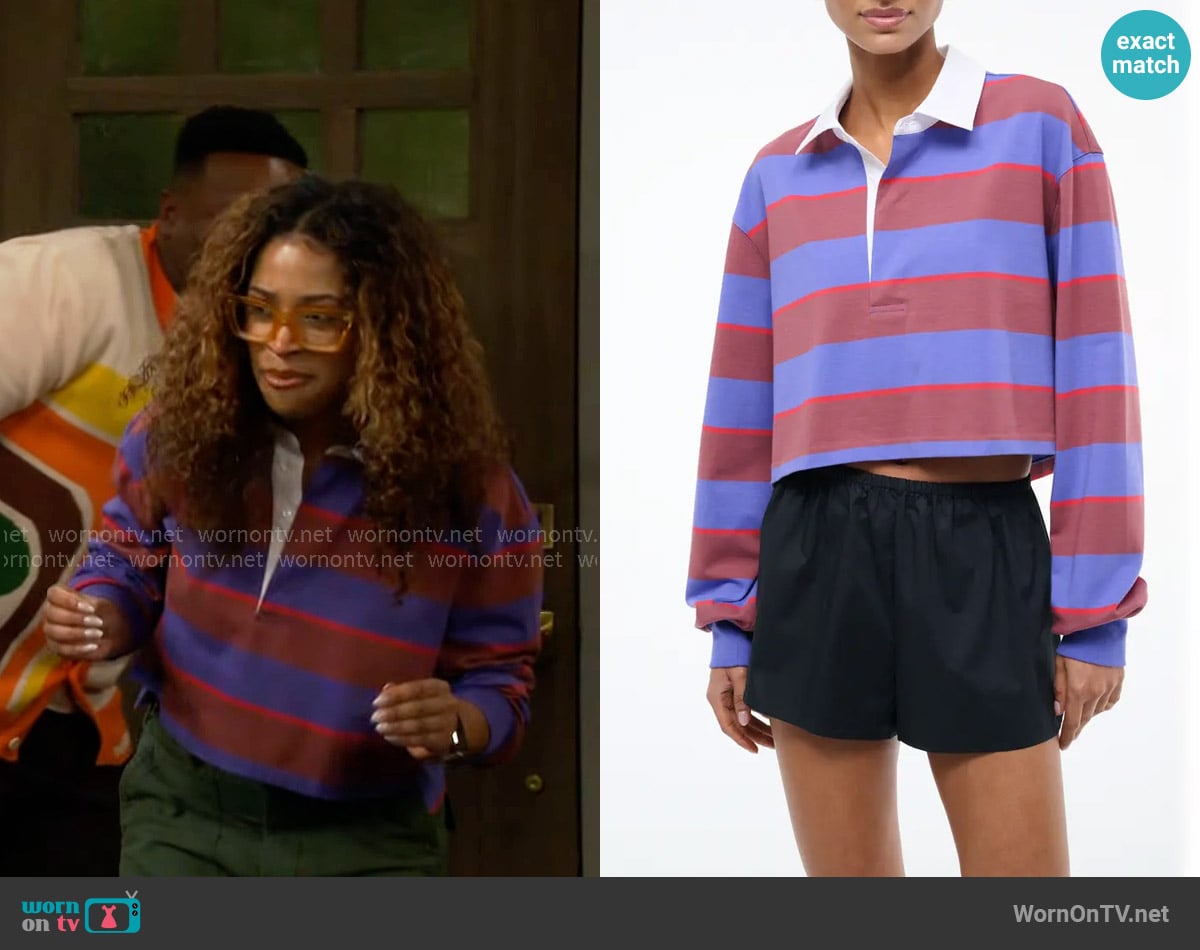 Staud Gavin Cropped Shirt worn by Courtney (Skye Townsend) on The Neighborhood