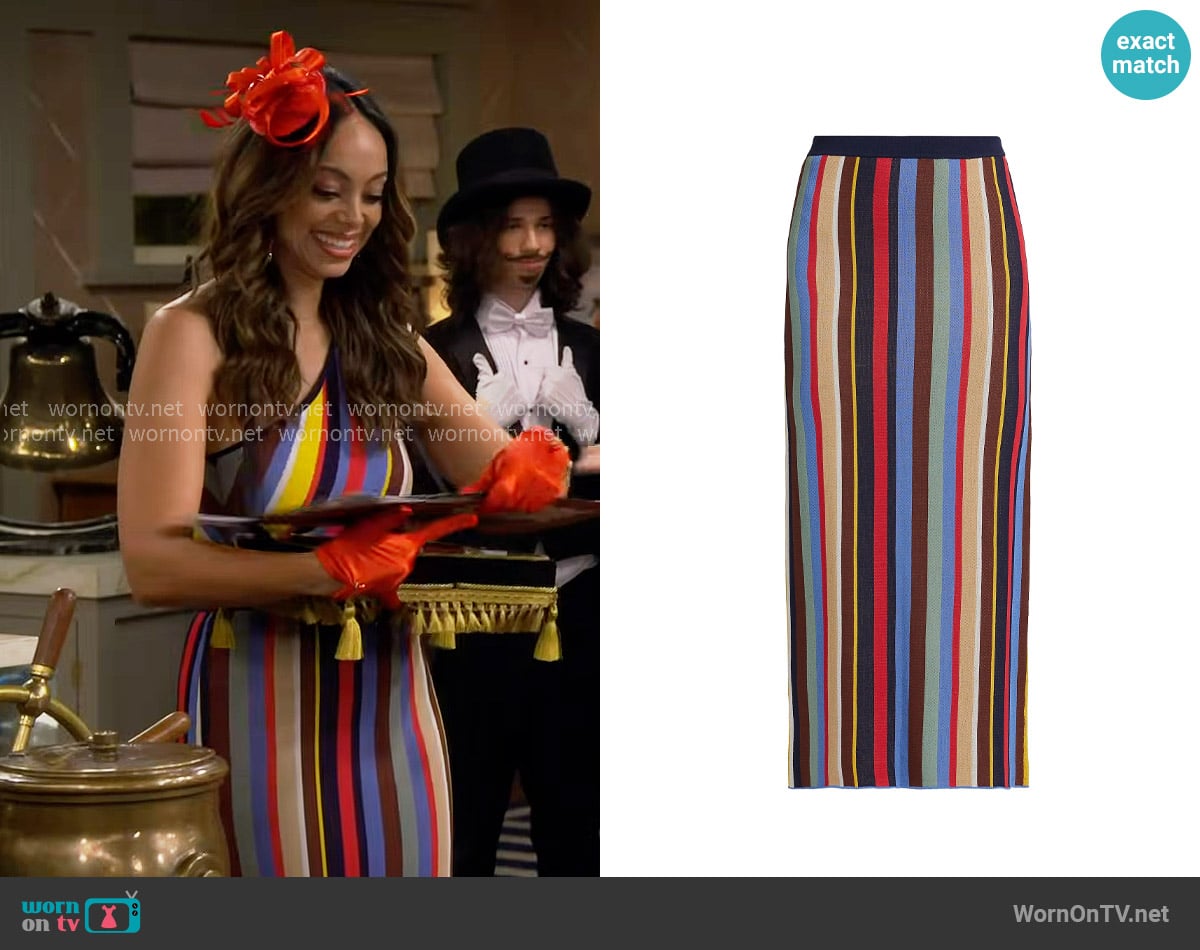Staud Karina Skirt in Market Stripe worn by Mercedes (Amber Stevens West) on The Neighborhood