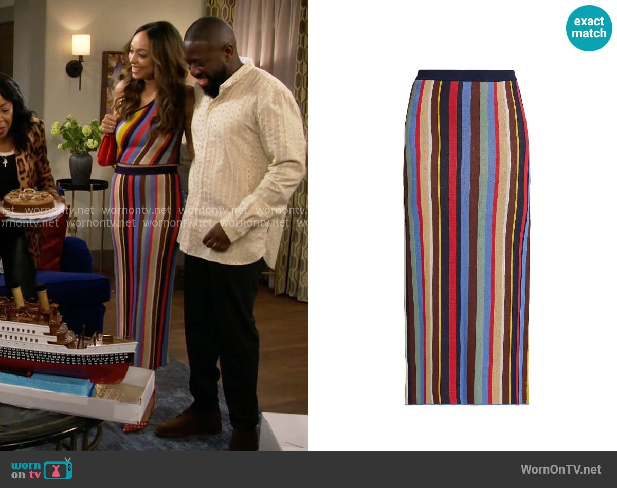 Staud Karina Skirt in Market Stripe worn by Mercedes (Amber Stevens West) on The Neighborhood