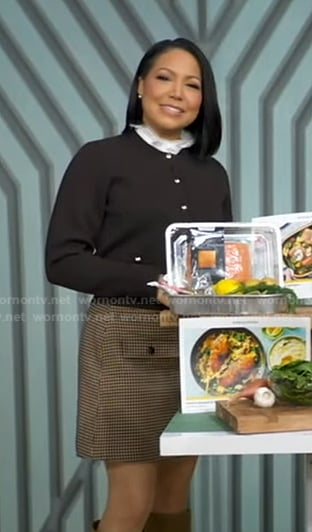 Stephanie’s brown ruffle collar cardigan and mini skirt on Good Morning America