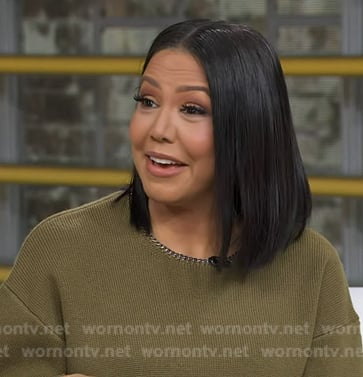 Stephanie’s khakie chain neck sweater on Good Morning America