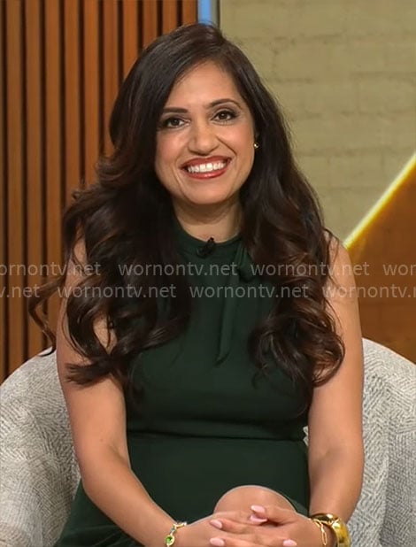 Sue Varma’s green tie neck dress on CBS Mornings