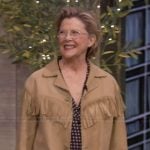 Annette Bening’s beige suede fringe jacket on Live with Kelly and Mark