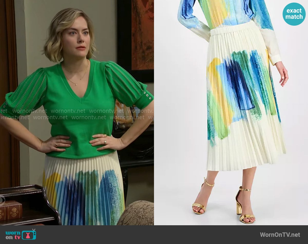 T Tahari Brushstroke-Print Pleated Midi Skirt worn by Hope Logan (Annika Noelle) on The Bold and the Beautiful