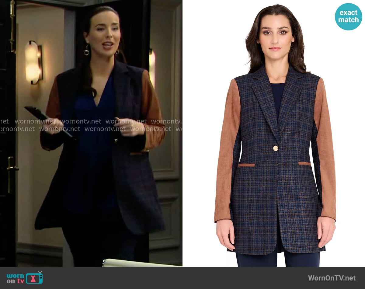 Tahari ASL Mixed Media Plaid One-Button Jacket worn by Ivy Forrester (Ashleigh Brewer) on The Bold and the Beautiful