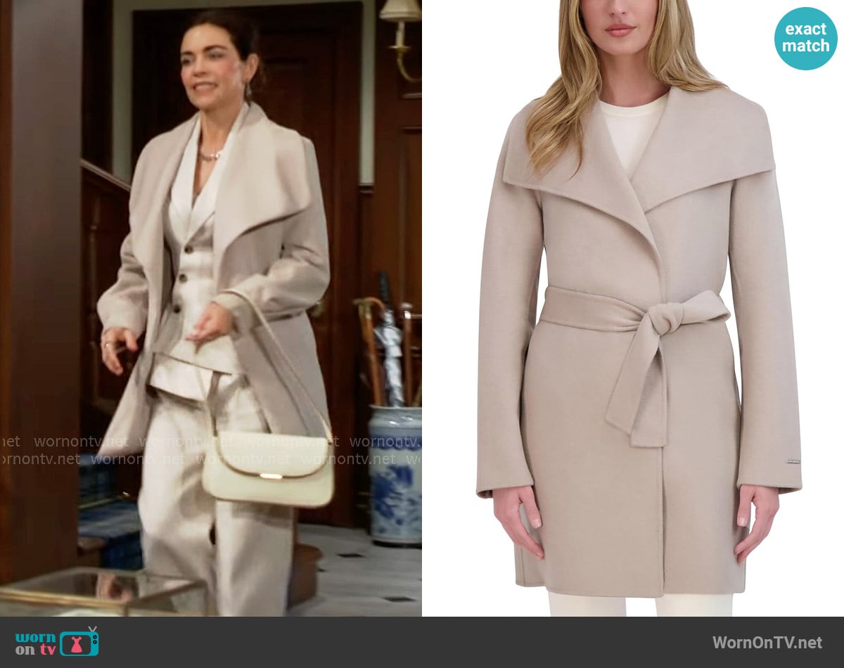 Tahari Ella Coat in Soft Almond worn by Victoria Newman (Amelia Heinle) on The Young and the Restless