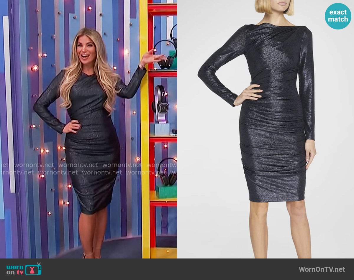 Talbot Runhof Metallic Mirrorball Draped Dress worn by Amber Lancaster on The Price is Right