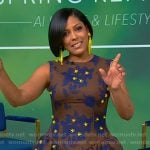 Tamron's brown floral asymmetric dress on Tamron Hall Show