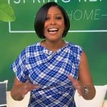 Tamron’s blue plaid one shoulder dress on Tamron Hall Show