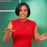 Tamron’s red open knit sleeveless dress on Tamron Hall Show