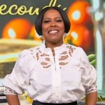 Tamron’s white lace top and pants on Tamron Hall Show