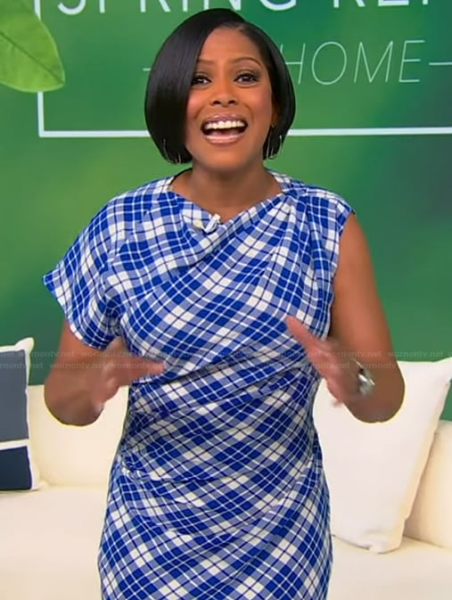 Tamron’s blue plaid one shoulder dress on Tamron Hall Show