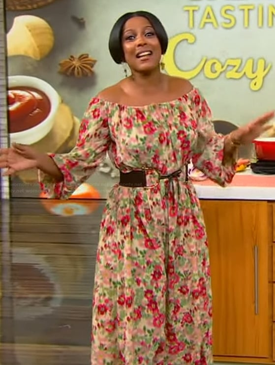 Tamron’s floral print off shoulder dress on Tamron Hall Show