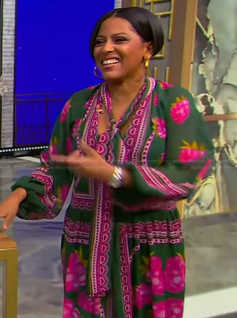 Tamron’s green and pink printed dress on Tamron Hall Show