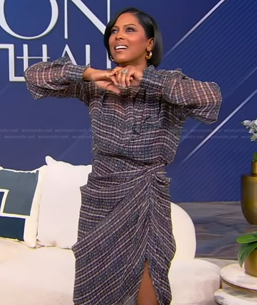 Tamron’s printed tie neck dress on Tamron Hall Show