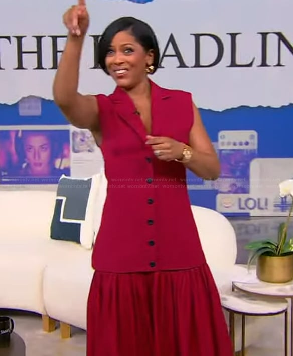 Tamron’s red layered vest dress on Tamron Hall Show