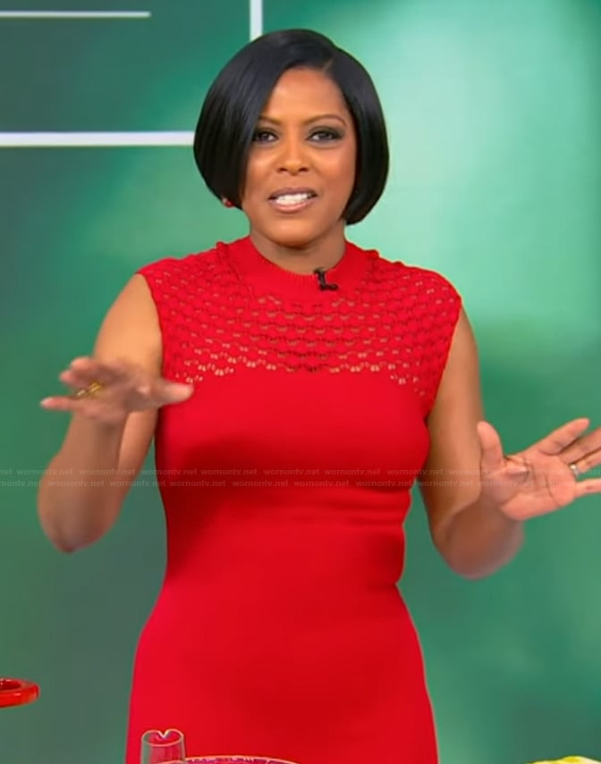 Tamron’s red open knit sleeveless dress on Tamron Hall Show
