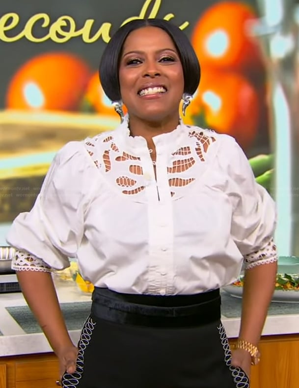 Tamron's white lace top and pants on Tamron Hall Show