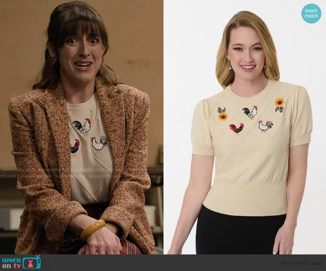 Target Cream Embroidered Chicken Short Sleeve Sweater worn by Tina Schwartz (Kate Peterman) on Abbott Elementary