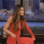 Taylor Paul’s red one sleeve ruched dress on Live with Kelly and Mark