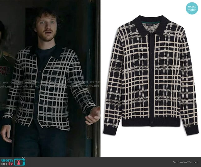 Ted Baker Jovien Button Through Sweater in Navy worn by Flynn (Jake Short) on 9-1-1