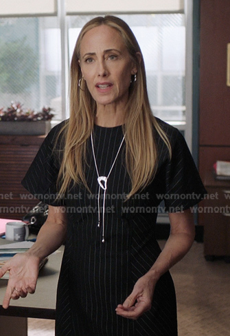 Teddy’s black pinstripe asymmetric dress on Greys Anatomy