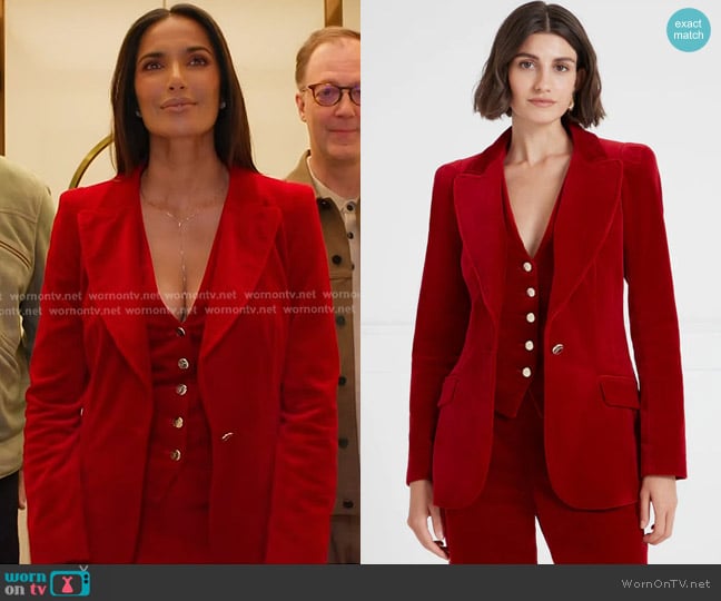 Padma’s red velvet blazer on Americas Culinary Cup