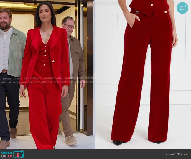 Padma’s red velvet pants on Americas Culinary Cup