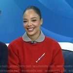Tessa Thompson’s red sweater and patent leather skirt on Today