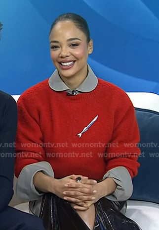 Tessa Thompson's red sweater and patent leather skirt on Today