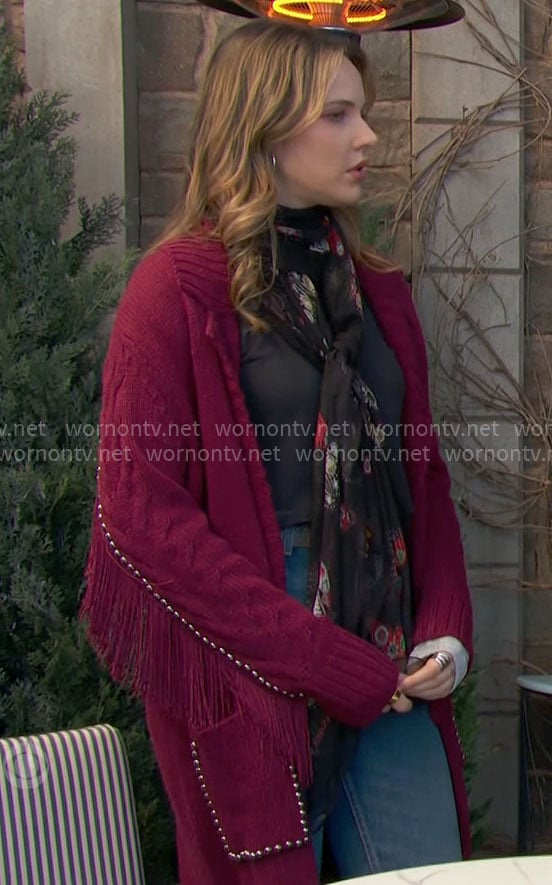 Tessa’s pink studded cardigan with fringe on The Young and the Restless