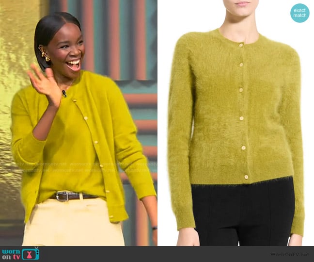 Recho’s green cashmere cardigan on Tamron Hall Show
