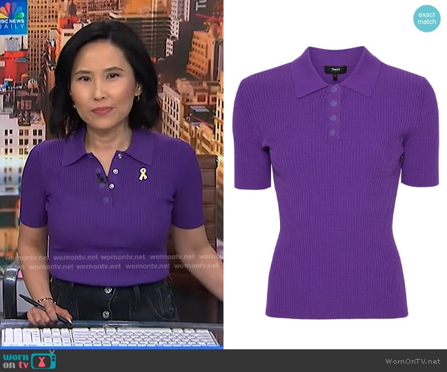 Theory Ribbed Compact Crepe Short-sleeve Polo Shirt in Bright Peony worn by Vicky Nguyen on NBC News Daily