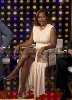 Tiffany Reid’s beige gathered dress on Good Morning America