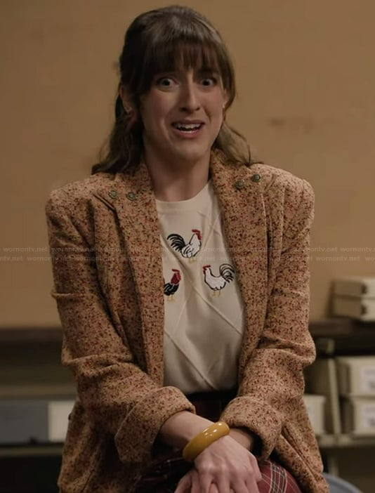 Tina's rooster embroidered top on Abbott Elementary