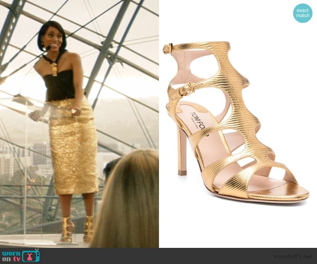 Tom Ford Paradis snake-effect leather sandals worn by Eleanor (Kerry Washington) on Imperfect Women
