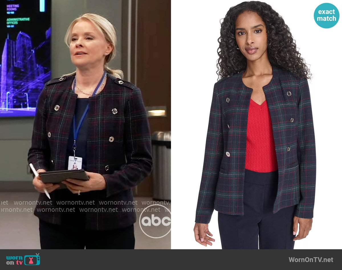 Tommy Hilfiger Windowpane Open Front Band Jacket worn by Felicia Scorpio (Kristina Wagner) on General Hospital