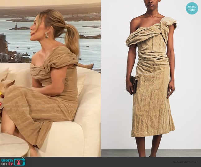 Tory Burch Cotton Velvet Twisted Midi Dress worn by Hilary Duff on The Drew Barrymore Show