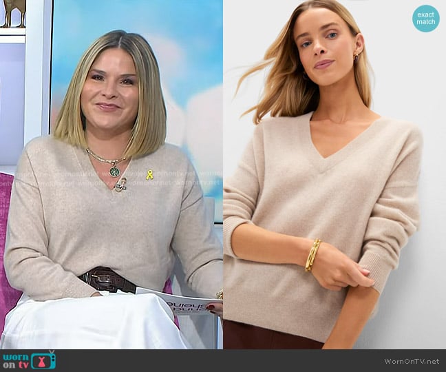 Tuckernuck Cashmere Emma V-Neck Boyfriend Sweater in Sandstone worn by Jenna Bush Hager on Today