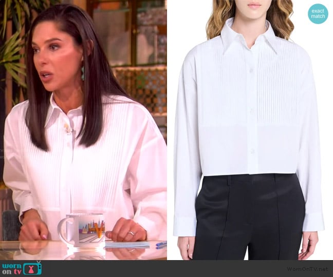 Abby’s white bib button front shirt on The View