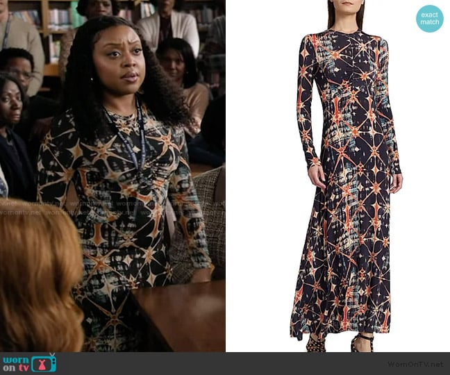 Janine’s black printed maxi dress on Abbott Elementary Janine’s black printed maxi dress on Abbott Elementary