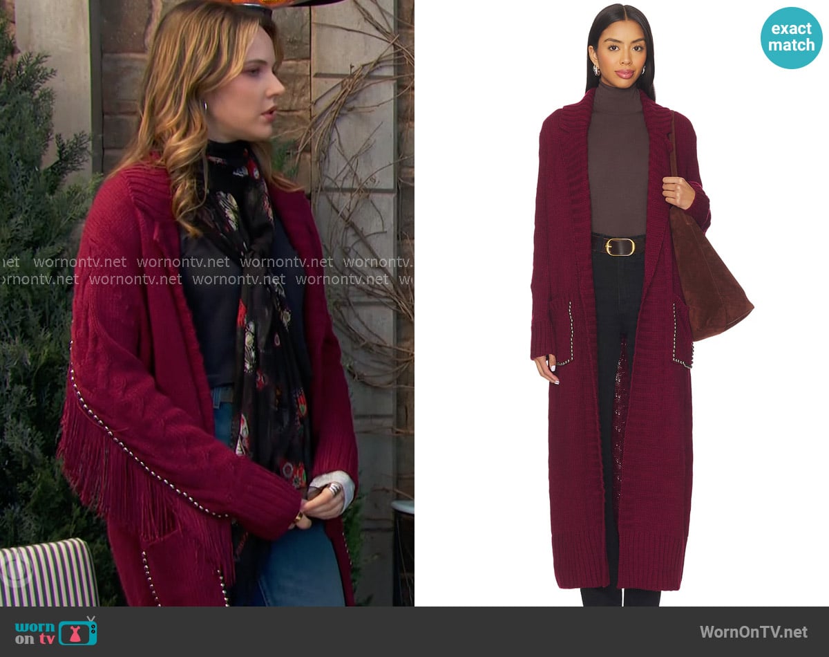 Understated Leather Long Rodeo Cardigan worn by Tessa Porter (Cait Fairbanks) on The Young and the Restless