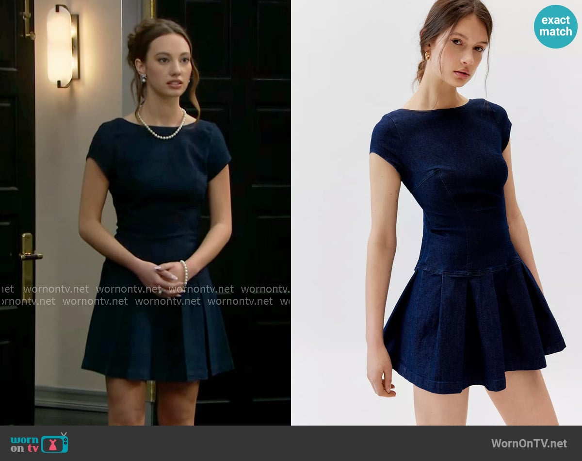 Urban Outfitters Bryan Bow-Back Pleated Denim Mini Dress worn by Melissa Dylan (Sydney Bullock) on The Bold and the Beautiful