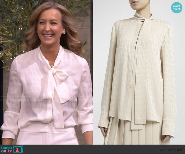Valentino Garavani Tonal V-Logo Print Scarf-Neck Silk Blouse worn by Lara Spencer on Live with Kelly and Mark