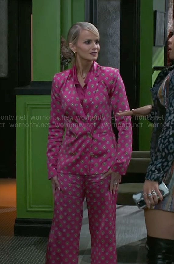 Vanessa’s pink printed suit on Beyond the Gates