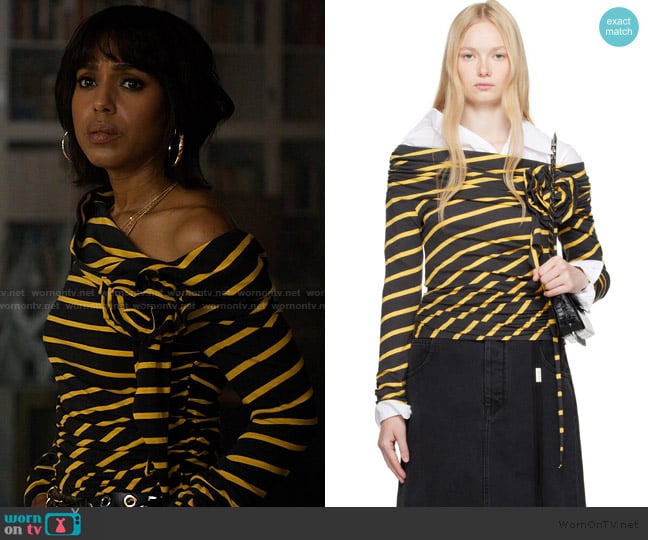 Vaquera Black & Yellow Striped Cold Shoulder T-shirt worn by Eleanor (Kerry Washington) on Imperfect Women