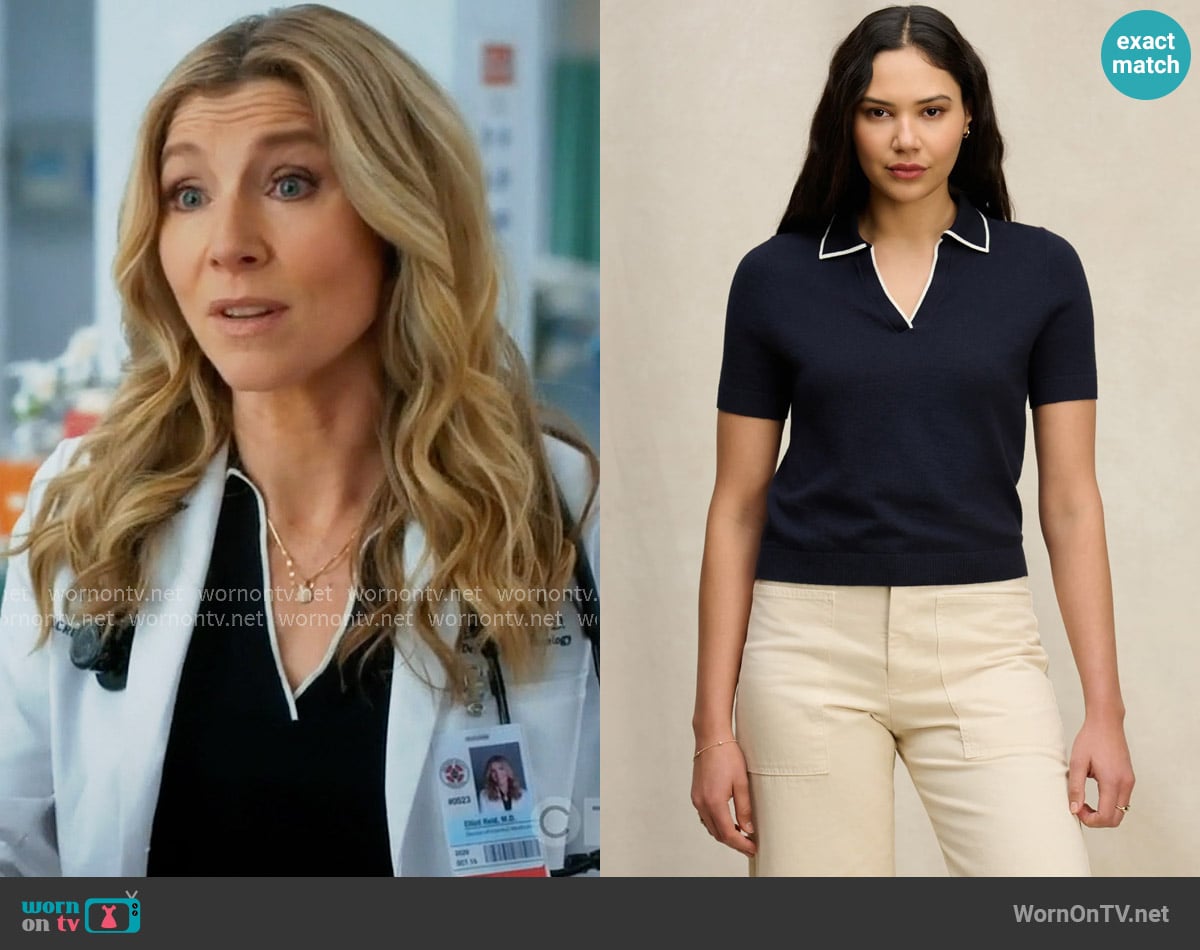 Velvet by Graham & Spencer Abela Sweater Polo in Navy worn by Dr. Elliot Reid (Sarah Chalke) on Scrubs