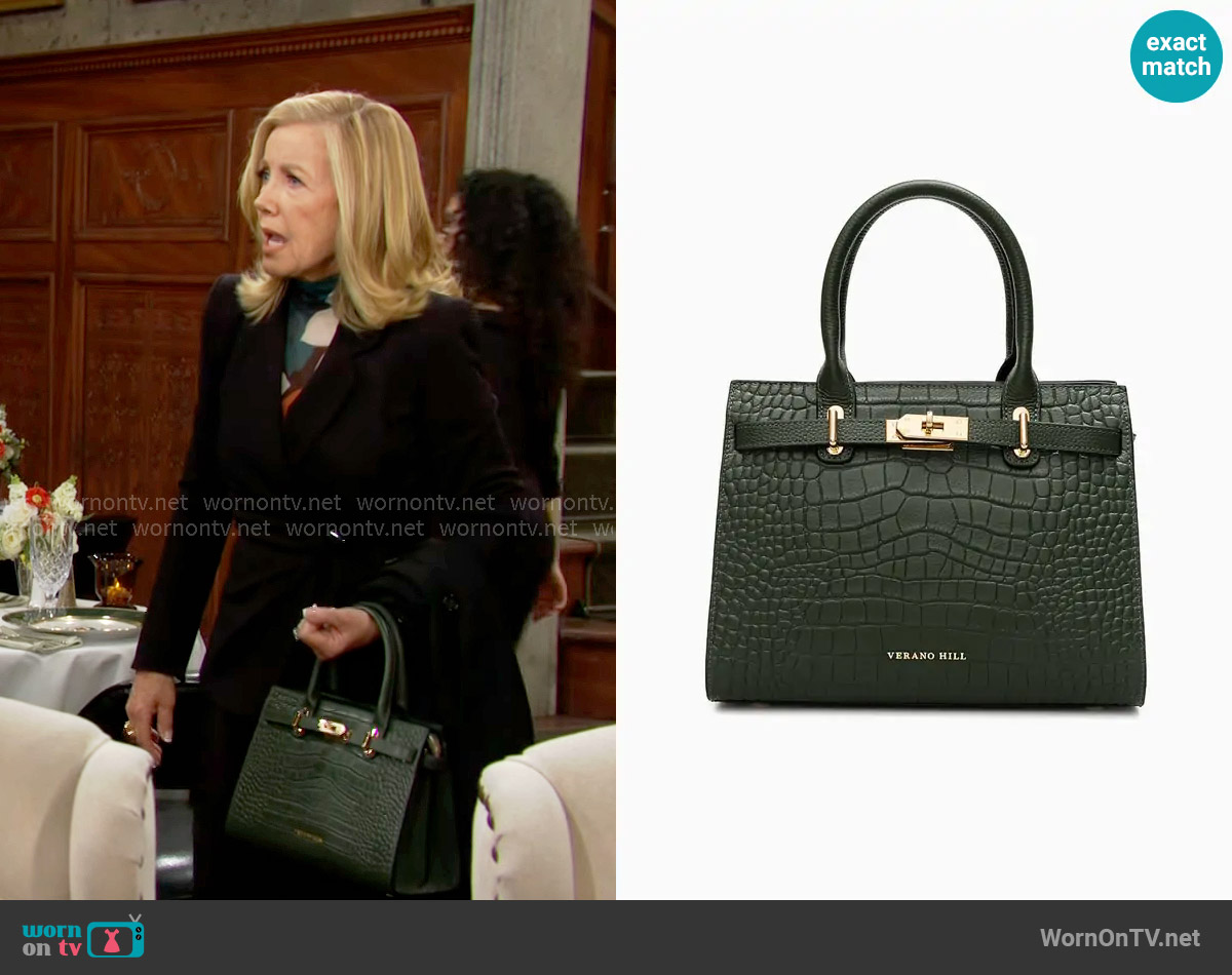 Verano Hill Marseille Handbag in Sage Green worn by Nikki Reed Newman (Melody Thomas-Scott) on The Young and the Restless