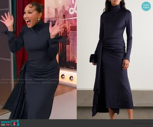 Victoria Beckham Gathered draped jersey turtleneck midi dress worn by Adrienne Bailon-Houghton on Sherri