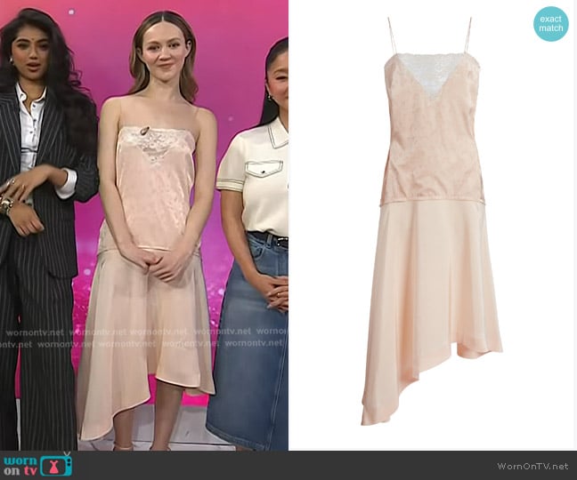 Victoria Beckham Lace-Detailed Knee-Length Dress in Light Pink worn by Iris Apatow on Today